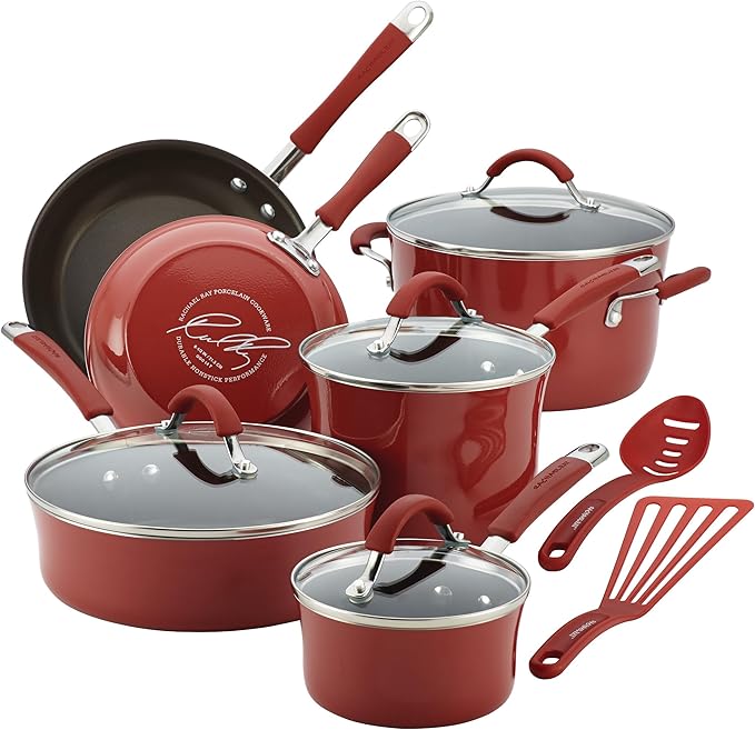 Rachael Ray Cucina Nonstick Cookware, Cranberry Red Pots and Pans Set, 12-Piece