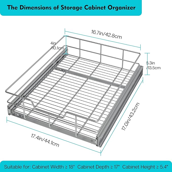 Pull Out Cabinet Organizer 18" W X 17" D, Chromed, Full Slide Out Drawers
