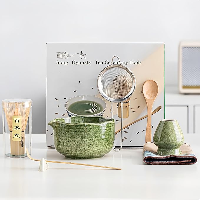 Matcha 7-Piece Set, Japanese Matcha Ceremony Kit with Chawan Bowl, Bamboo Whisk and Strainer, Great Gifts for Mom, Grandma, Wife, Women, Birthday, Mother’s Day, Graduation, Home Decor (Matcha Green)
