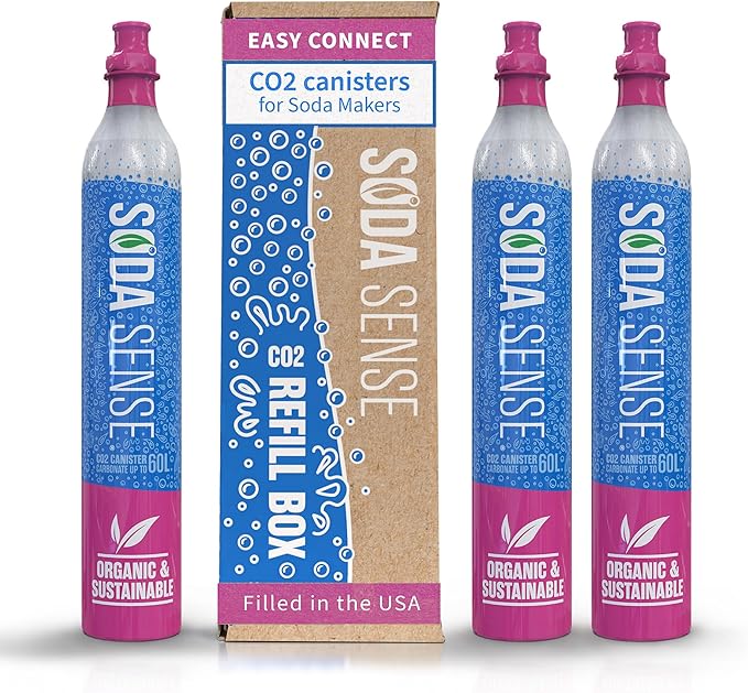 Soda Sense CO2 Cartridges - 3PK Easy Connect 60L CO2 Cylinder, Set of 3 Pre Filled CO2 Tank Gas Refills - Compatible with SodaStream CO2 Quick Connect Pink Snap-On Soda Streaming Machine