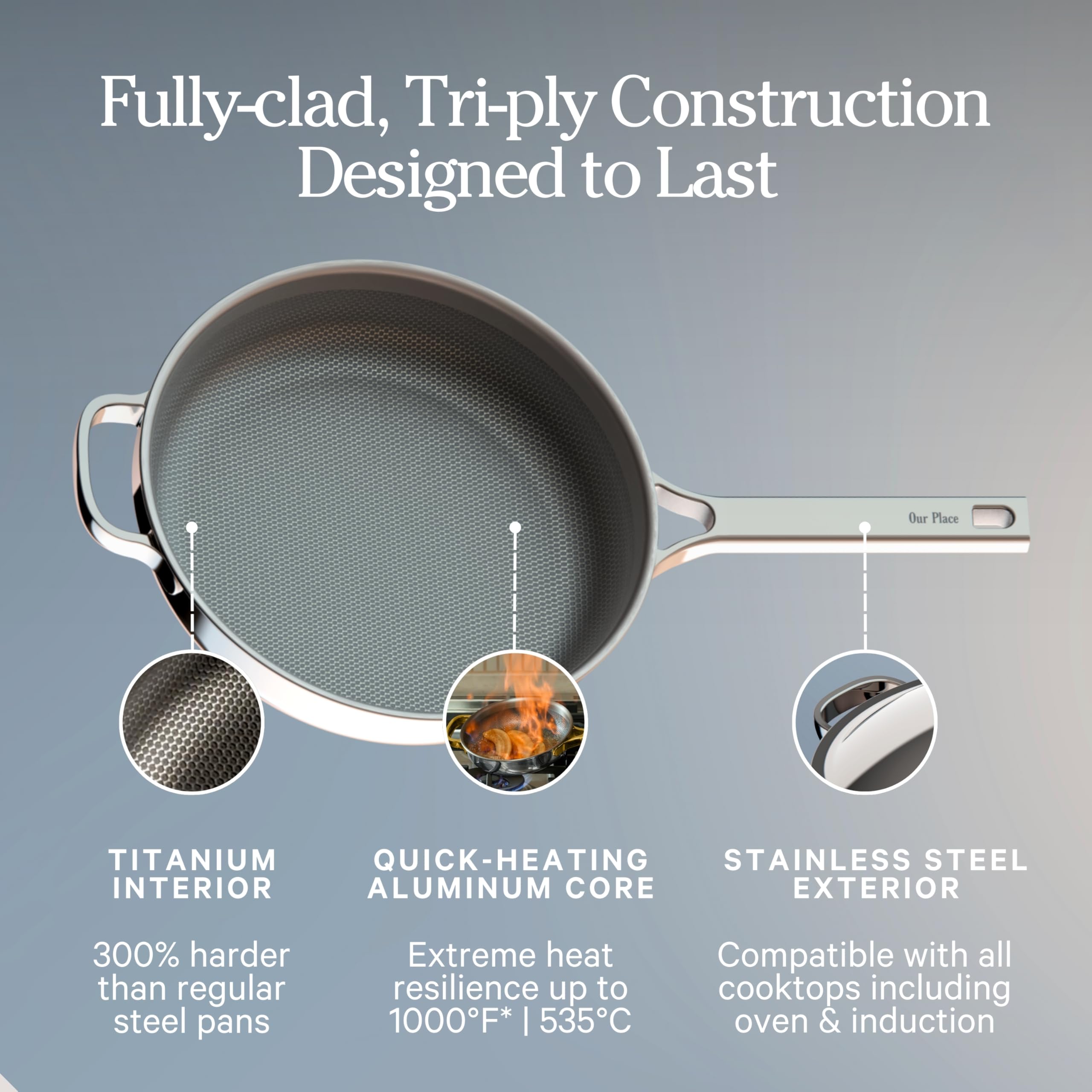 Our Place Mini Titanium Always Pan Pro | 8.5" PFAS-Free Nonstick Frying Pan with Spatula | Chef-Grade Tri-Ply Stainless Steel & Aluminum Build | Induction & Oven-Safe up to 1000°F | Chrome