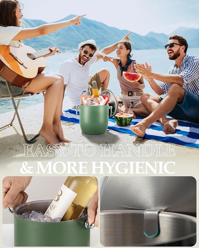 Golden Cudgel Insulated Ice Bucket, 3L Double Wall Stainless Steel Ice Bucket with Tongs,Lid, Scoop and Strainer, Ice Buckets for Parties,Cocktail Bars, Chilling Beer, Champagne, Wine Bottles，Green