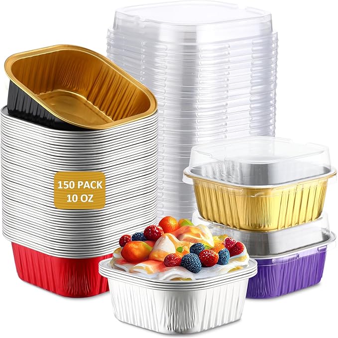 Aoriher 150 Pcs 10 oz Mini Cake Pans with Lids Aluminum Foil Baking Cup Disposable Square 4 x 4 Large Baking Tin, Muffin Pan Cheesecake Kitchen Brownie Pudding Desserts Holder(Multicolor)