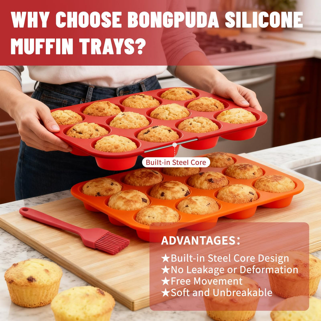 Bongpuda Silicone Muffin Pan with Metal Reinforced Frame,2 Pcs 2.9" Regular Size 12 Cups Egg Bite Mold,Non-Stick,Easy Release,For Egg Muffins, Cupcakes, Large Muffins,Cheesecakes(Orange + Red)