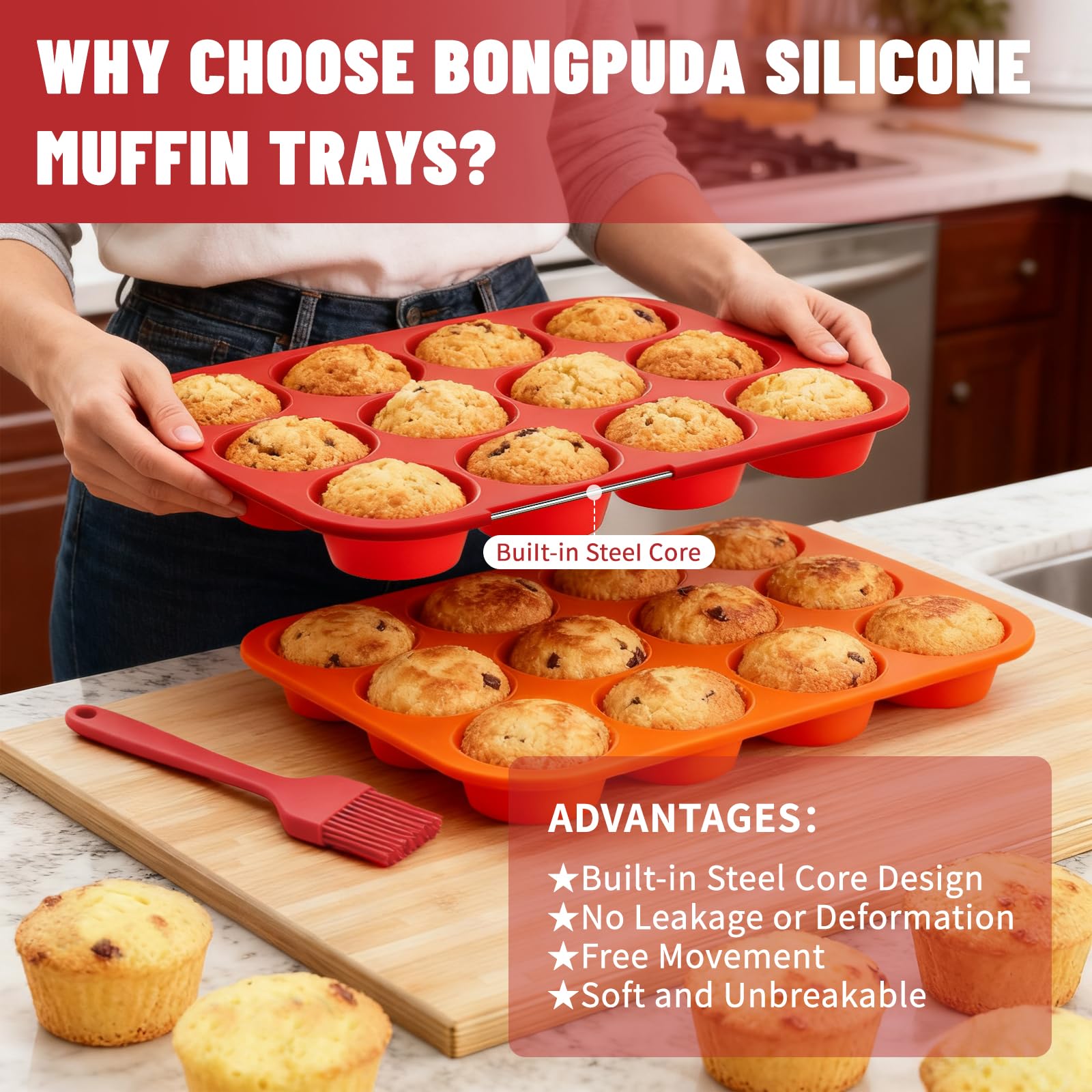 Bongpuda Silicone Muffin Pan with Metal Reinforced Frame,2 Pcs 2.9" Regular Size 12 Cups Egg Bite Mold,Non-Stick,Easy Release,For Egg Muffins, Cupcakes, Large Muffins,Cheesecakes(Orange + Red)