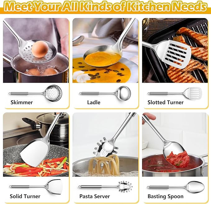 E-far Stainless Steel Kitchen Utensil Set of 6, Metal Cooking Utensils