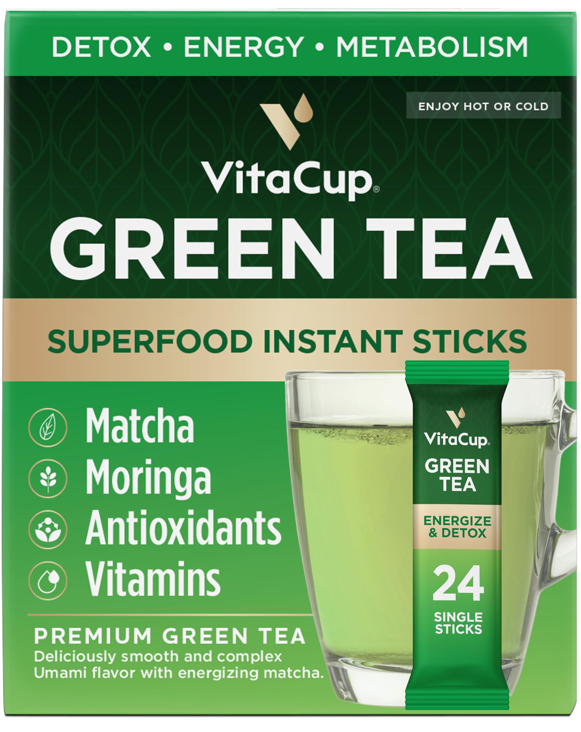 VitaCup Green Tea Instant Packets with Matcha, 24ct