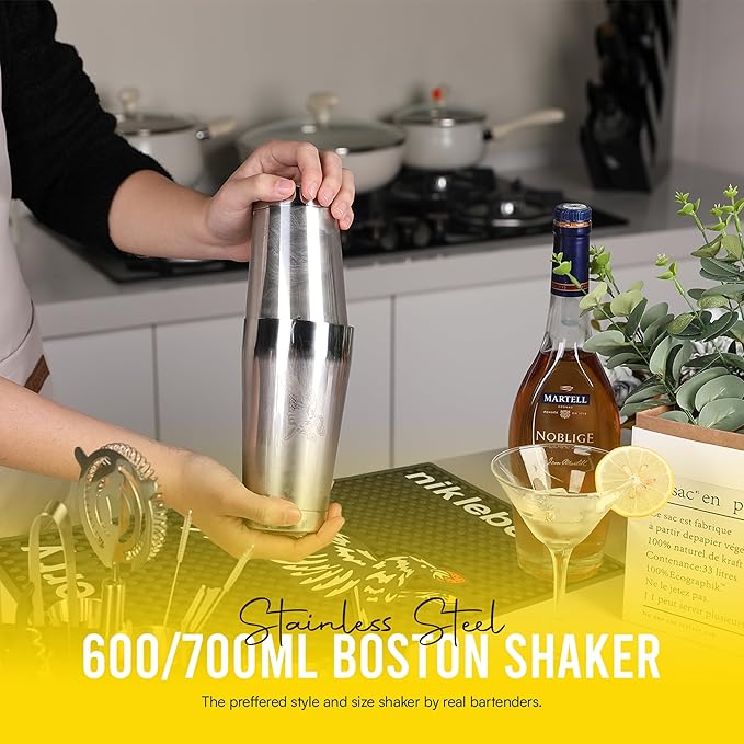 Nikleberry Premium 18-Piece Bartender Kit - Mixology Cocktail Shaker Set with Modern Bamboo Stand, Weighted Boston Shaker, Bar Mat & Recipe Book | 304 Stainless Steel Home Bar Accessories
