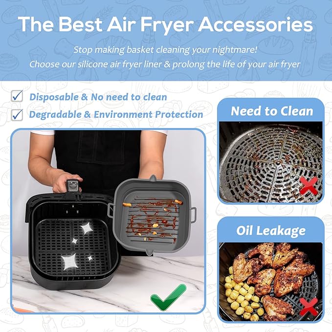 Loveuing Silicone Air Fryer Liners Square - Reusable Airfryer Collapsible Basket - Easy to Clean Air Fryers Pot for 5.8 to 8 Qt Baking Tray Oven Accessories, 8.5 Inch Large