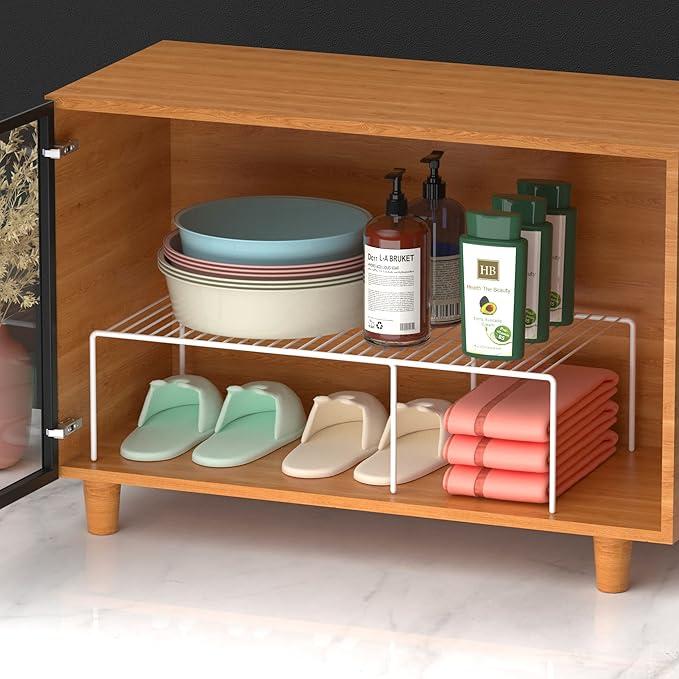 iPEGTOP Freezer Cabinet Storage Shelf Set of 4, 8 Pieces Expandable Metal Rustproof Spice Rack, Adjustable Kitchen Organizer Counter Fridge Pantry Shelf Space Saver (White)