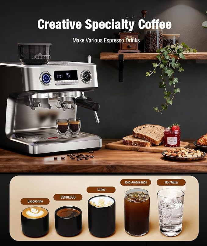 Kndko 20 Bar Espresso Machines with Grinder, Double Boiler Espresso Maker with Milk Frother Steam Wand, Programmable Coffee Maker for Home Cappuccino Latte & Americano