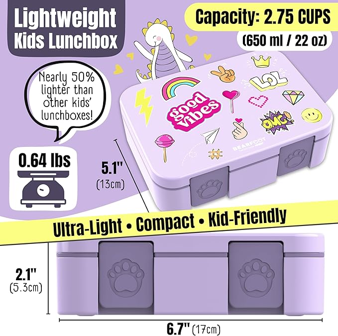 BEARFOOT Kids Lunch Box with Compartments – Compact & Lightweight | Leak-Proof, BPA-Free, Dishwasher Safe | Hand-Drawn Design for Preschool, School, Travel (Sticker Purple, 2.75 Cups)