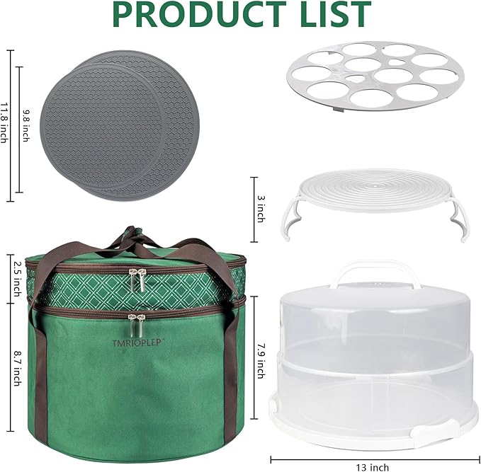 Tmrioplep 12 Inch Cake carrier Container with Lid and Handles Includes Insulated Bag for Safe Transportation of Buttercream Doesn't Melt Easy for Cakes, Pies and Cupcakes (Green)