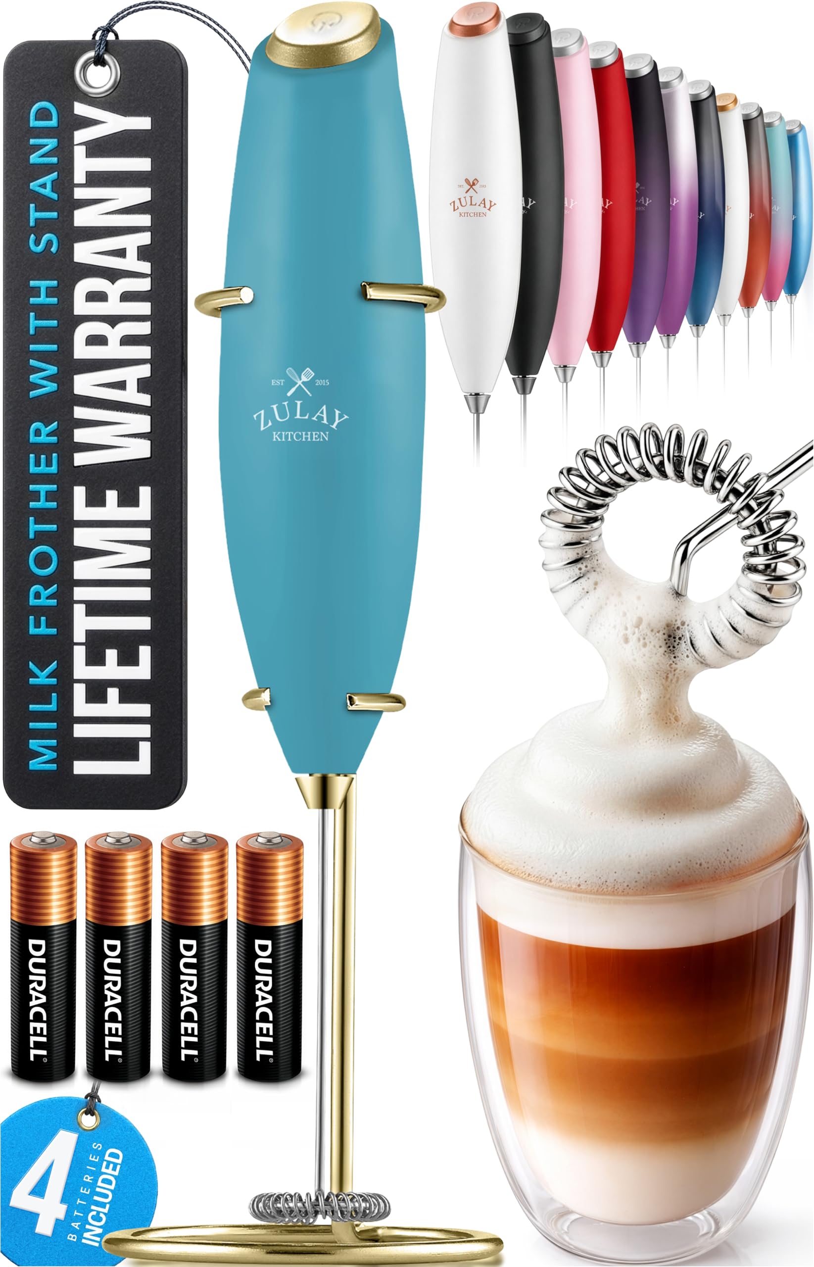 Zulay Kitchen Powerful Milk Frother Wand With Duracell Batteries - Ultra Fast Handheld Drink Mixer - Electric Whisk Foam Maker for Coffee, Lattes, Cappuccino & Matcha - Z1 Motor - Lake Gold
