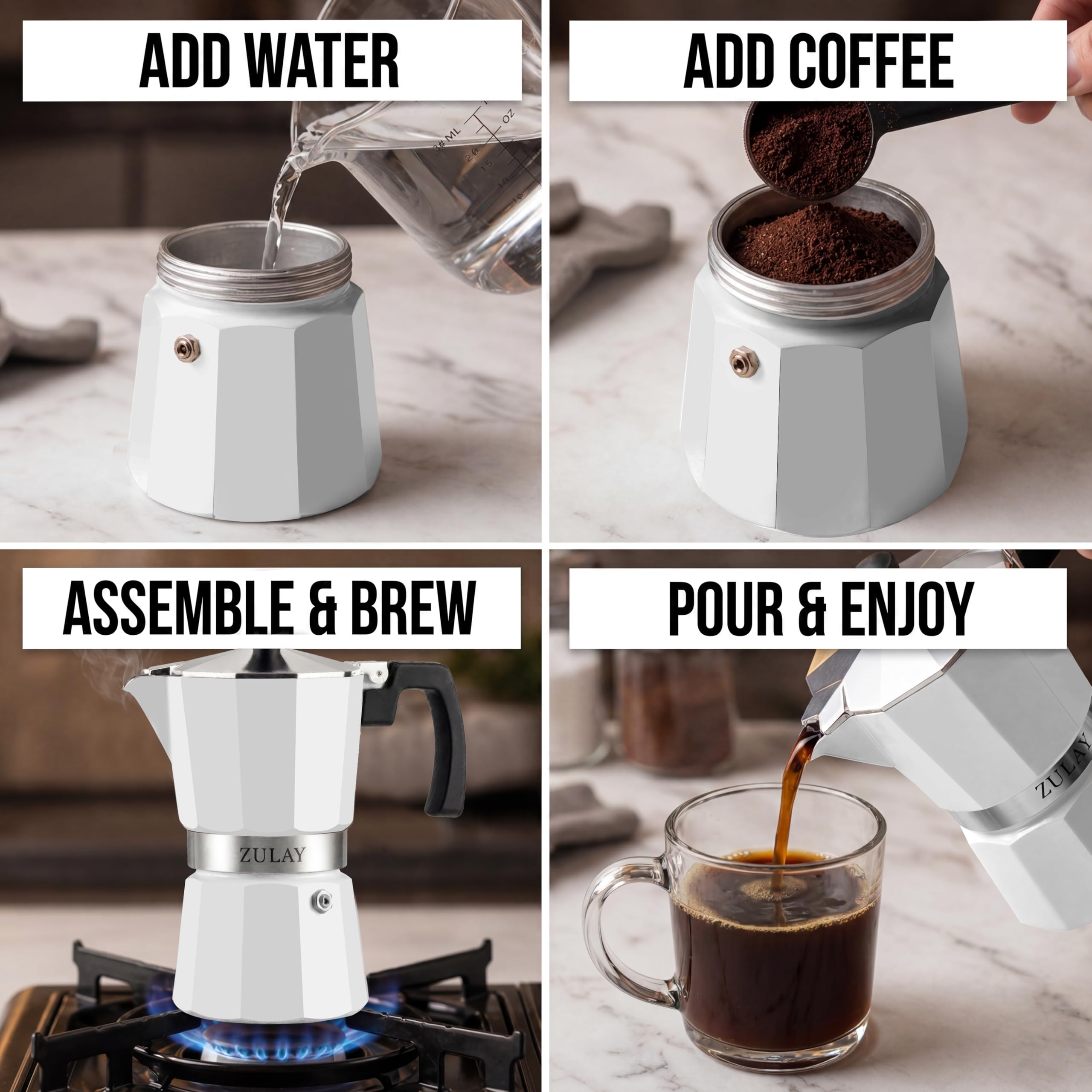 Zulay Moka Pot Espresso Stovetop Coffee Maker - Leak-Proof, Stainless Steel, Easy to Clean, Heat Resistant Handle & Knob - for Authentic Cuban & Italian Style Espresso - Makes 6 Espresso Cups - White