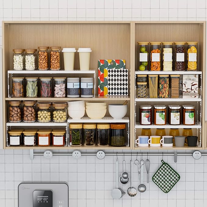 Asiingkel Stackable Expandable Metal Shelf Organizer - Adjustable Wire Storage Rack with Holes for Kitchen, Bathroom, Cabinet, Office - Space Saving, Durable & Sturdy Design（1PACK/Large/White
