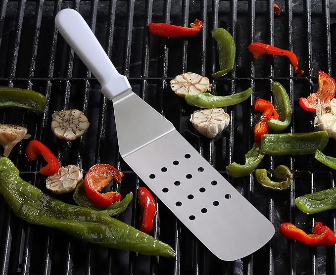 New Star Foodservice 14.5 Inch Perforated Flexible Grill Turner, Stainless Steel Spatula with White Plastic Handle for Griddle, Flat Top, Grill, and Restaurant Use