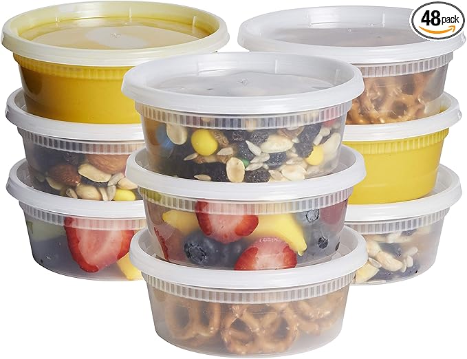 GUSTO 8 oz Plastic Deli Containers with Lids [48 Sets] Food Storage
