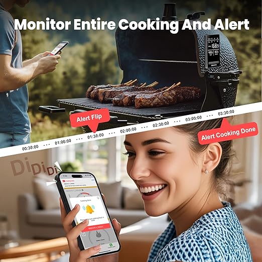 Smart WiFi Wireless Meat Thermometer Unlimited Range 7 NIST Cert.Sensors Accuracy ±0.5°F Sub-1G (10X Stronger Than Bluetooth) APP&Digital Base,Monitor for BBQ, Grill,Oven, Smoker(1, Black, Small)
