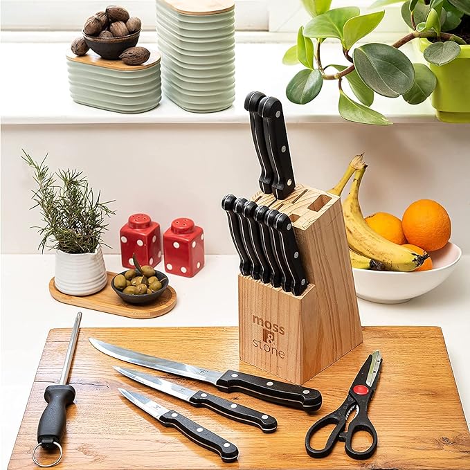 Moss & Stone 14 Pcs Kitchen Knife Set with Block, Stainless Steel