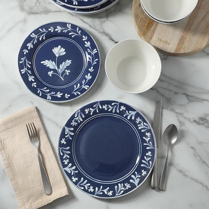 Martha Stewart Dinnerware Set- Maiden Crown 12-Piece Sky Blue Dishes – New Bone China Ceramic Plates & Bowls – Floral Design – Service for 4 – Microwave & Dishwasher Safe