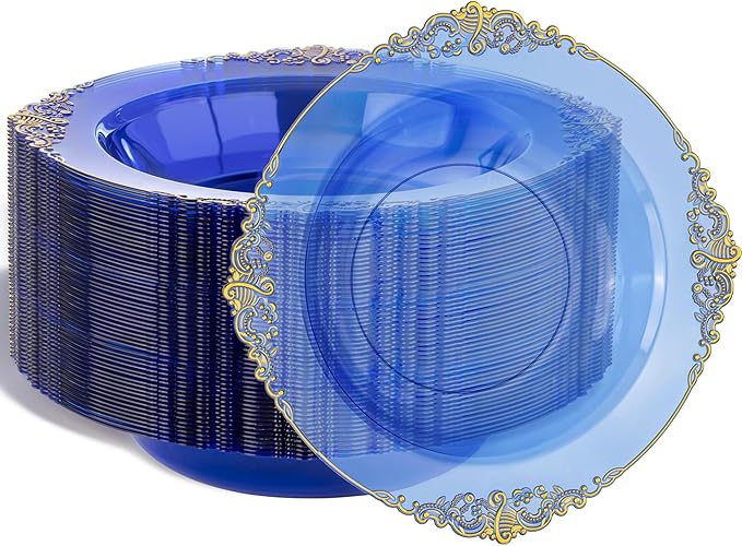 Nervure 50PCS Blue Plastic Bowls with Gold Rim - 12oz Disposable Soup Bowls
