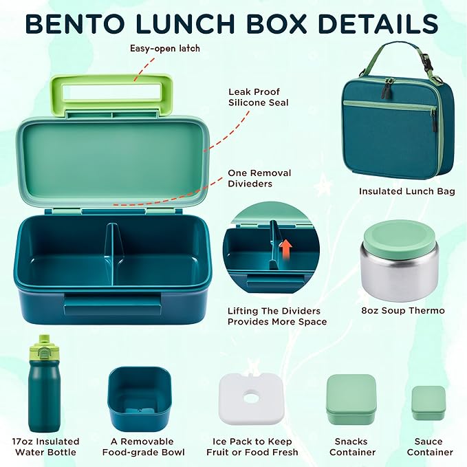 JXXM Bento Lunch Box for Kids With 8oz Thermo, Leakproof Bento Box with with 2 Compartments, Insulated Bottle, Lunch Bag