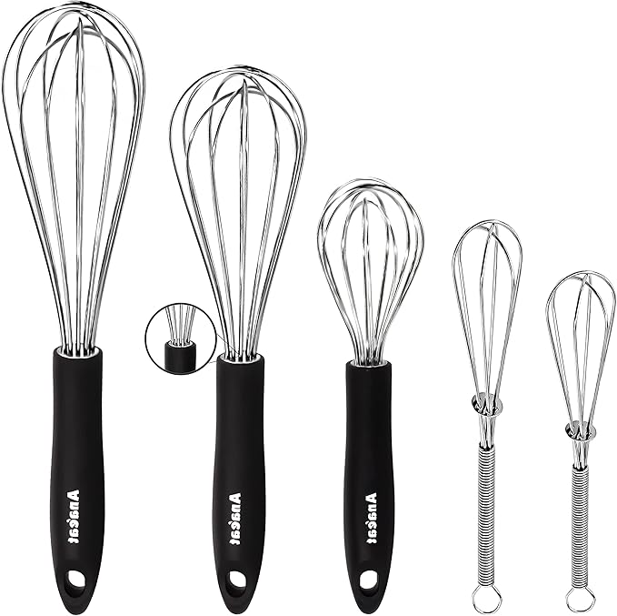 Anaeat Stainless Steel Kitchen Whisk Set of 5, Milk and Egg Beater Blender with Thick Wire for Whisking, Cooking, Baking, Beating and Stirring - 5"+7" Mini Whisk and 9''+11''+12'' Balloon Whisks