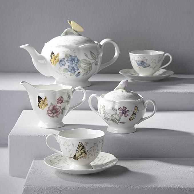 Lenox Butterfly Meadow Porcelain Teapot and Tea Cup Set, 9-Piece, 48oz