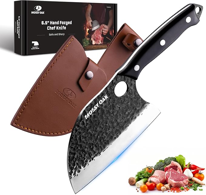 Mossy Oak Serbian Chef Knife, Meat Cleaver Knife with Genuine Leather Sheath, Hand Forged Heavy Duty Chopper Knife Full Tang Handle, Butcher Knife for Kitchen, Outdoor Cooking, Camping and BBQ