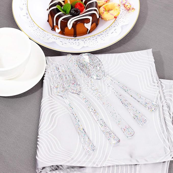 Supernal 360pcs Clear Glitter Plastic Silverware, Color Disposable Cutlery
