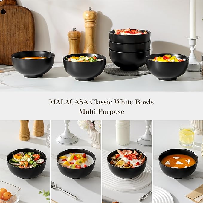 MALACASA 26 Qz Porcelain Soup Bowls, White Ceramic Cereal Bowls for Kitchen 6 inch Bowls Set of 6 for Oatmeal Salad Fruit Rice Dishwasher and Microwave Safe, Series Regular