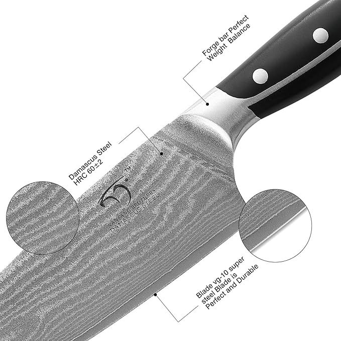 16-Piece Damascus Knife Set with Block, VG10 67-Layer Damascus Steel Kitchen Knife Set with Triple-Rivet Handles, 6 Steak Knives, Meat Fork, Sharpener & Scissors, Gray