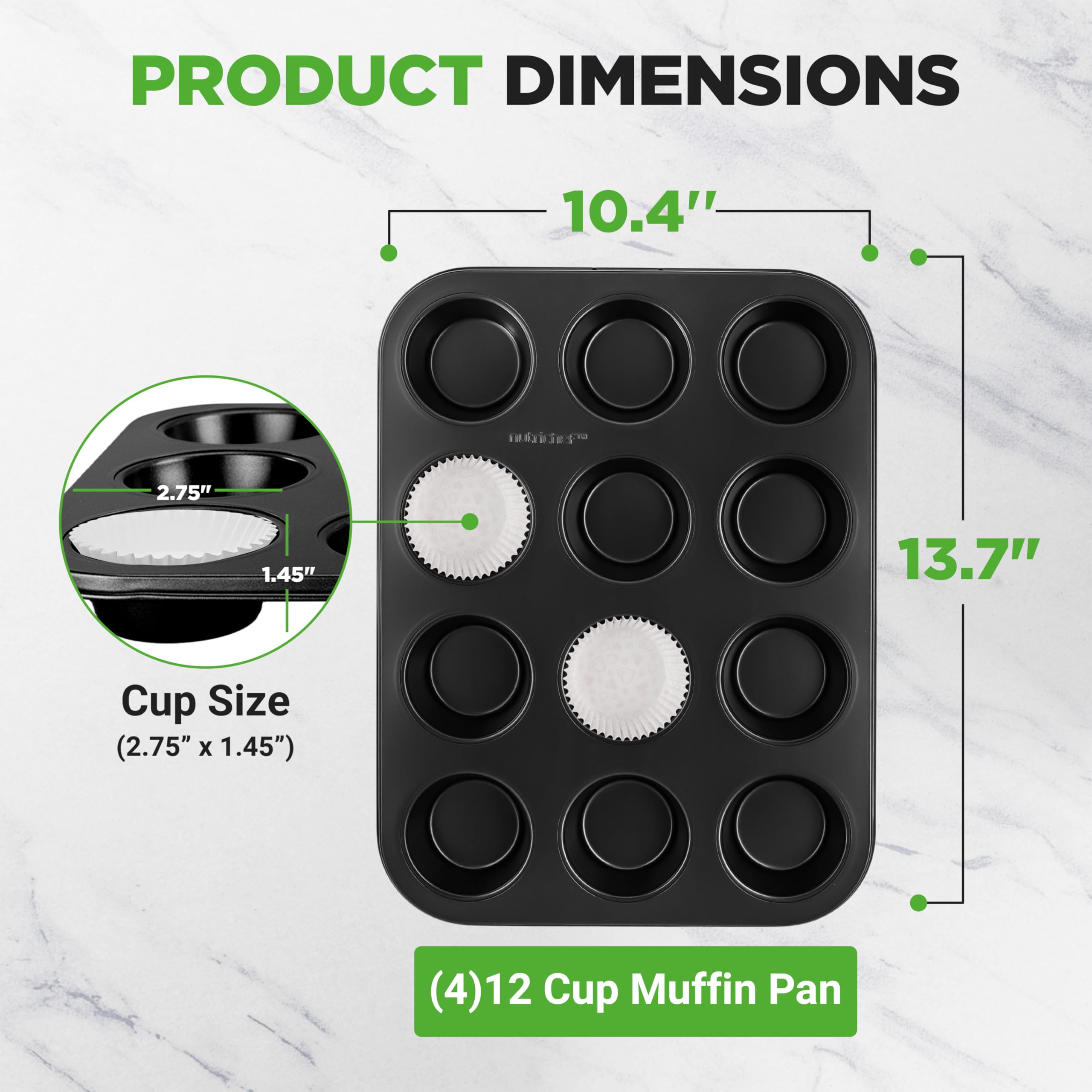 NutriChef Muffin Pans for Baking 4-Pack | Nonstick 12 Mold Cupcake Tins | Carbon Steel Stackable Cup Cake Trays | Dishwasher & Oven Safe | Includes 200 Parchment Paper Liners | 13 x 10 x 1 | Black