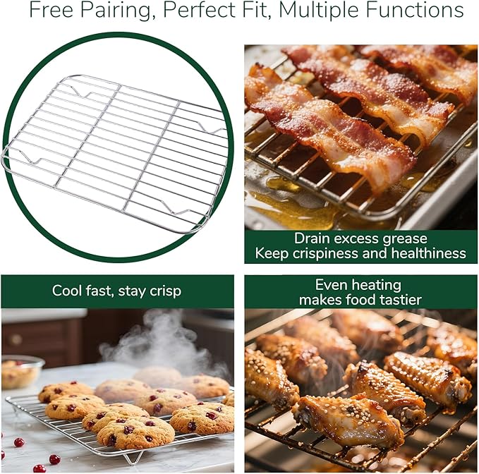 Bofolai 18/0 Stainless Steel Baking Sheet with Cooling Rack, Oven-Safe Non-Toxic Cookie Sheets for Baking, Set of 4, Coating Free & Rust Resistant for Healthy Family Baking, Easy to Clean, Heavy-Duty