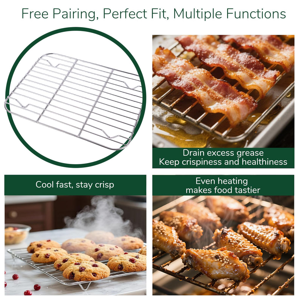 Bofolai 18/0 Stainless Steel Baking Sheet with Cooling Rack, Oven-Safe Non-Toxic Cookie Sheets for Baking, Set of 6, Coating Free & Rust Resistant for Healthy Family Baking, Easy to Clean, Heavy-Duty