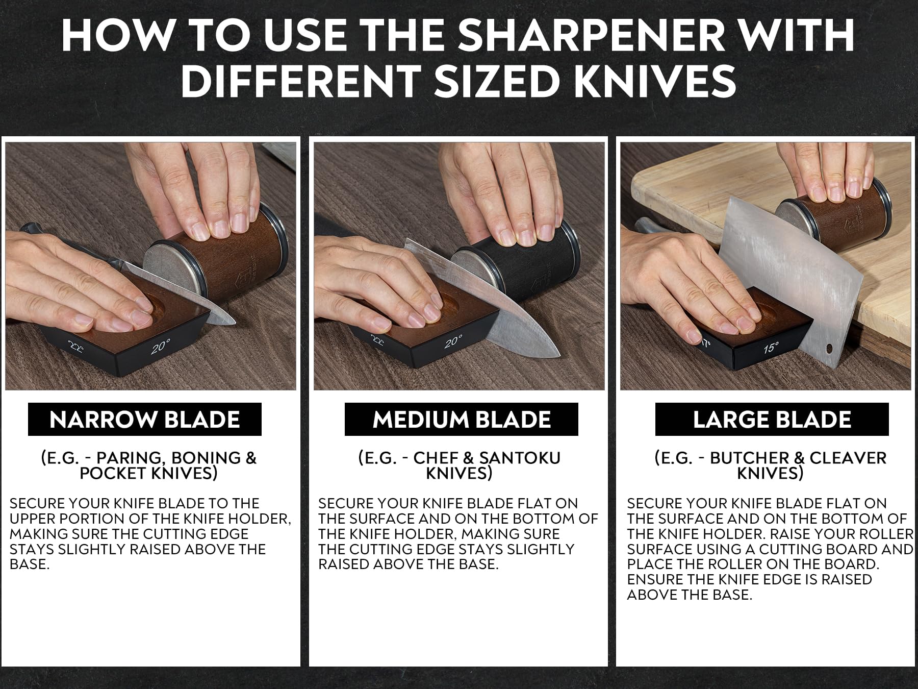 Rolling Knife Sharpener with Leather Strop and 15, 17, 20 & 22 Degree Angles - Knife Sharpener Kit - Roller Knife Sharpening System with Stand, Holder & Eraser - Walnut Brown
