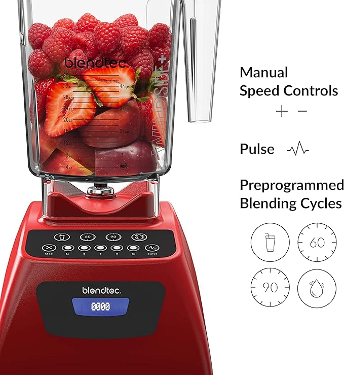 Blendtec Classic 575 Blender- WildSide+ Jar (90oz) and Four Side Jar (75oz) BUNDLE- 4 Pre-programmed Cycles-5-Speeds - Professional-Grade Power-Self-Cleaning - Poppy Red