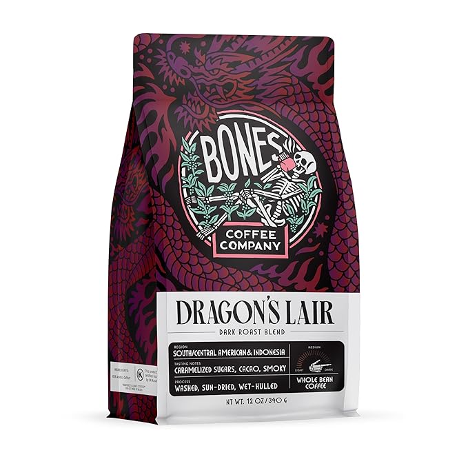 Bones Coffee Company Dragon's Lair - Dark Roast Coffee - Whole Bean - Low-Acid Arabica Coffee Beans - South/Central America and Indonesia Grown - Unflavored - 12 Oz