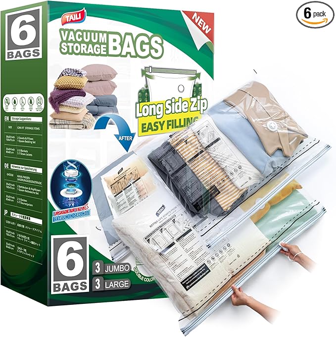 TAILI 6 Pack Vacuum Storage Bags, 2 Size Combo(3 Large+3 Jumbo), Clear
