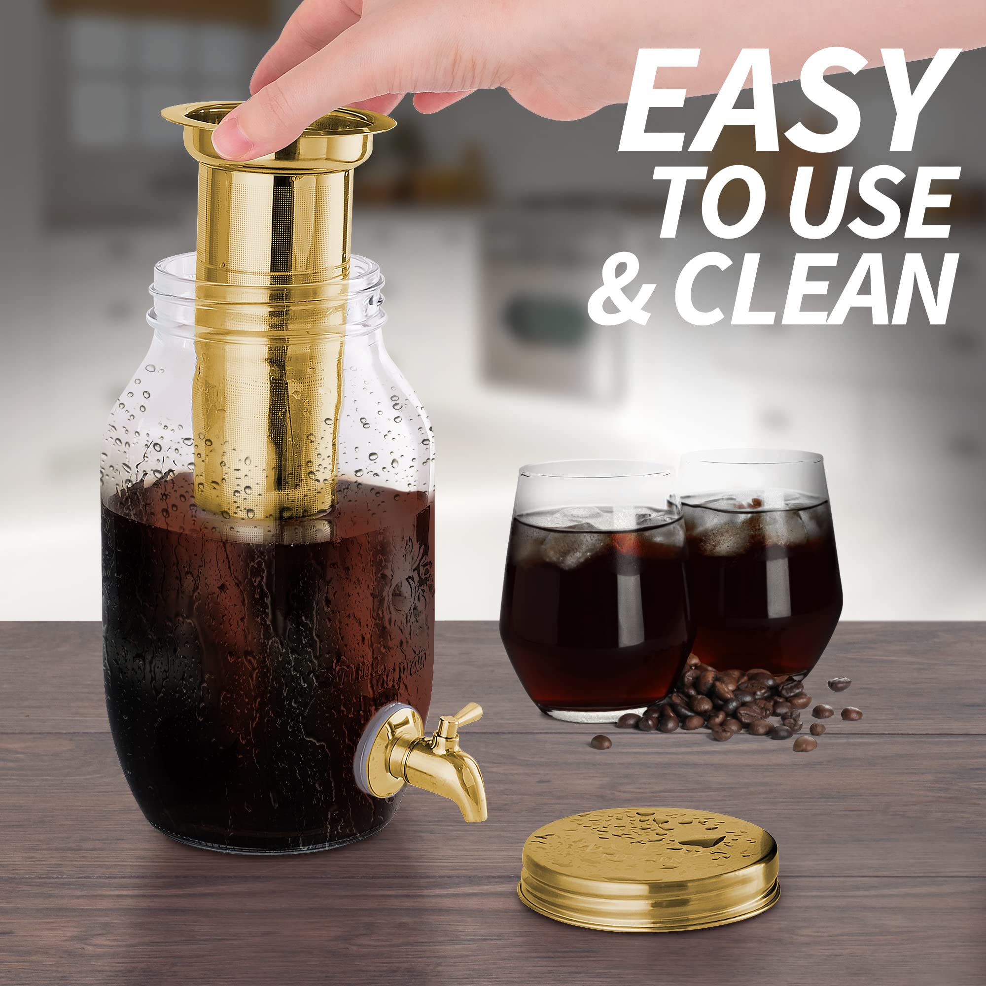 Zulay Kitchen 1.5 Liter Cold Brew Coffee Maker with EXTRA-THICK Glass Carafe & Stainless Steel Mesh Filter - Premium Iced Coffee Maker, Cold Brew Pitcher & Tea Infuser (Gold)…