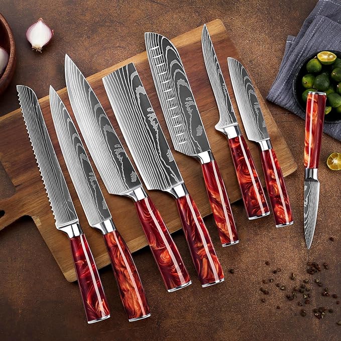 SENKEN 16-Piece Knife Block Set - Japanese High Carbon Stainless Steel with Damascus Pattern, Red Resin Handles, 6 Steak Knives & Acacia Hardwood Block (Red)