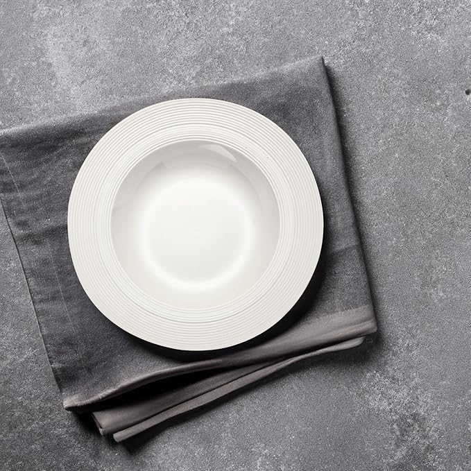 9.5" Wide-Rim Pasta Bowl Set of 2, Cream White Ceramic Shallow Bowl with Textured Grooved Rim, Modern Restaurant-Style Dinnerware for Pasta, Salad & Balanced Meals, Dishwasher & Microwave Safe