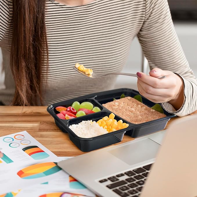 GUSTO 24 oz - 3 Compartment Meal Prep Containers with Lids – [50 Count] Reusable, Microwaveable, Dishwasher & Freezer Safe, BPA-Free Food Storage Boxes for Portion Control (Formerly Comfy Package)