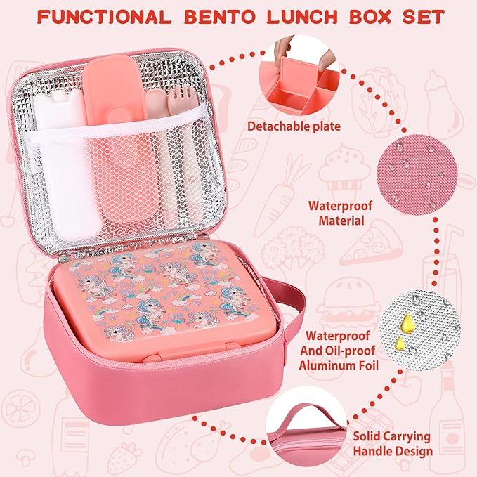 JXXM Bento Lunch Box for Kids With 8oz Soup Thermo,Leak-proof Lunch Containers with 5 Compartment,Thermos Food Jar and Lunch Bag, Food Containers for School (A-Pink(Fantasy Unicorn))