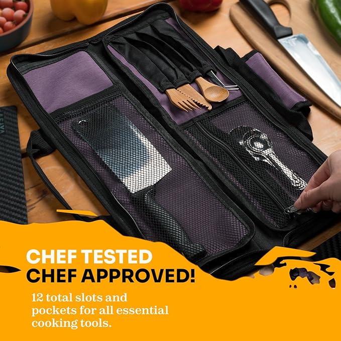 Asaya Chef Knife Roll Bag - 12-Pocket Chefs Case for Kitchen Knives and Utensils, Lightweight Stain-Resistant Waxed Nylon Chef Knife Bag - Knives Not Included (Purple)