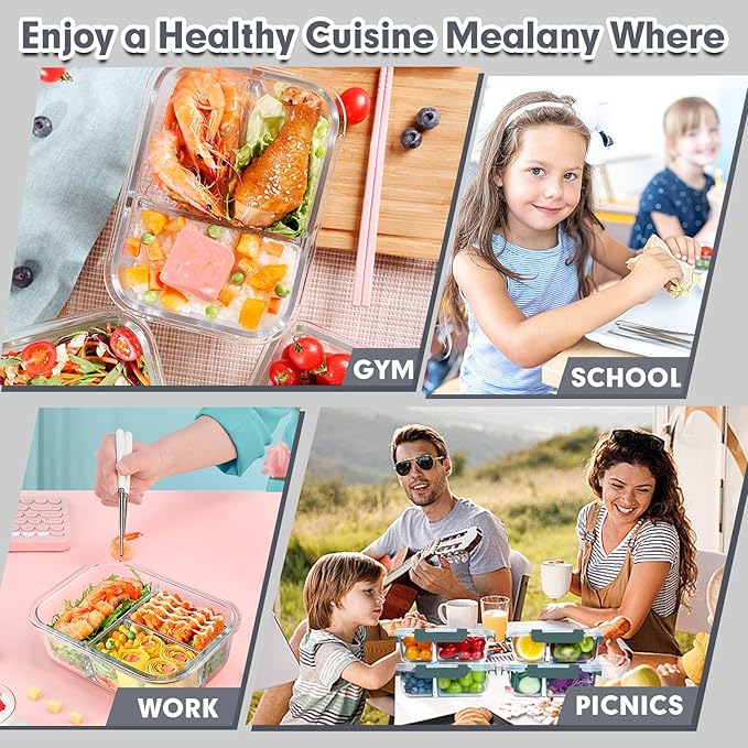 VERONES 5 PACK 36 OZ Glass Food Storage Containers 3 Compartment Set, Grey