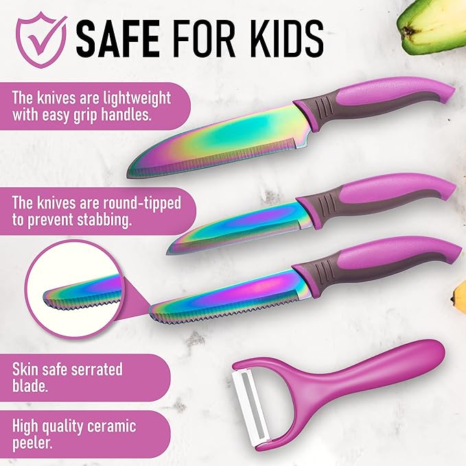 TruChef 5-Piece Kids Knife Set for Real Cooking | Stainless Steel Chef, Paring & Serrated Knives with Peeler & Holder | Safe Junior Chef Cooking Set for Kids (5 pcs, Pink)
