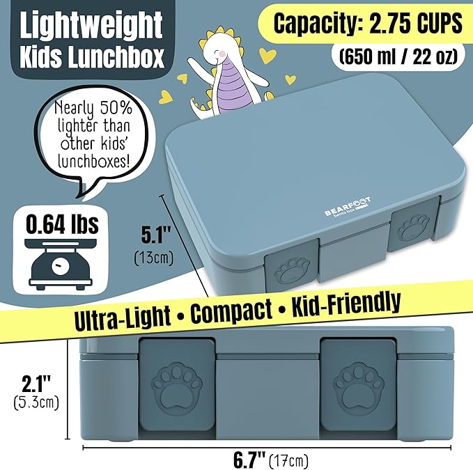 BEARFOOT Kids Lunch Box with Compartments – Compact & Lightweight | Leak-Proof, BPA-Free, Dishwasher Safe | Hand-Drawn Design for Preschool, School, Travel (Blue, 2.75 Cups)