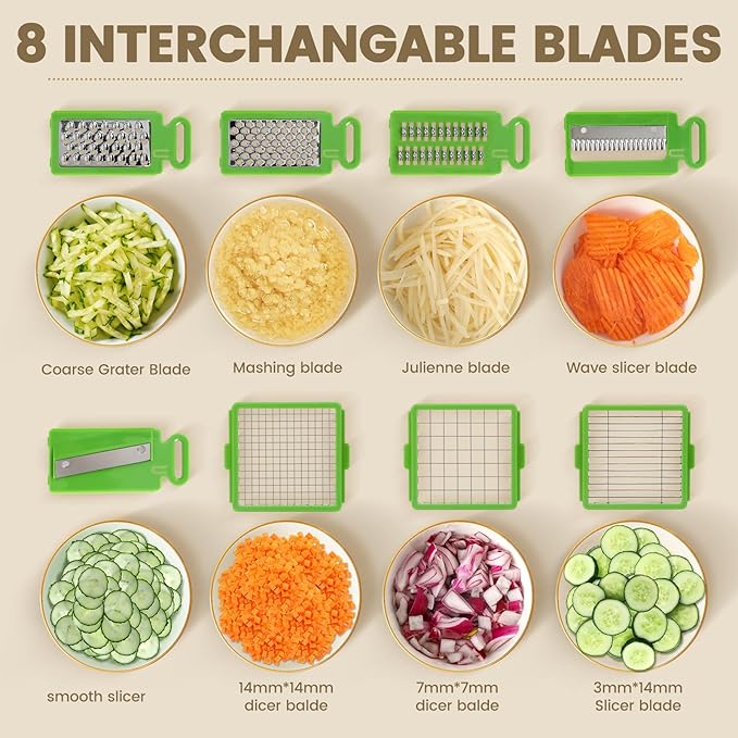 Vegetable Chopper, 16-in-1 Mandoline Slicer Dicer Grater Spiralizer with Container, 8 Stainless Steel Blades for Onion Salad Salsa Meal Prep